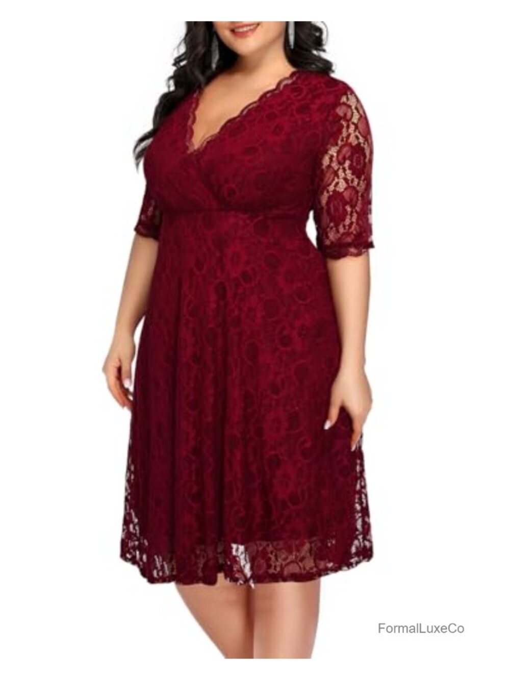 Plus Size Lace Midi Dress V-Neck 3/4 Sleeve Fit & Flare Cocktail Wedding Guest - Picture 3 of 6